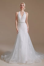 Superbes robes de mariée longues en tulle, style sirène, sans manches, à col licou, ornées d'appliques
