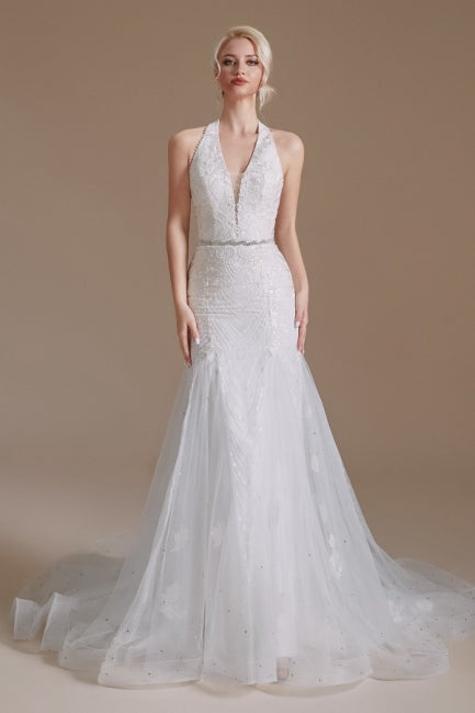 Superbes robes de mariée longues en tulle, style sirène, sans manches, à col licou, ornées d'appliques