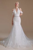 Superbes robes de mariée longues en tulle, style sirène, sans manches, à col licou, ornées d'appliques