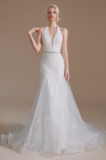 Superbes robes de mariée longues en tulle, style sirène, sans manches, à col licou, ornées d'appliques