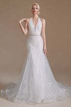 Superbes robes de mariée longues en tulle, style sirène, sans manches, à col licou, ornées d'appliques