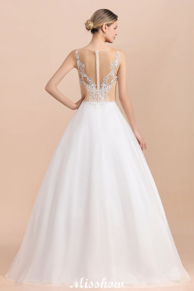 Vestido de Noiva Branco de Baile Sem Mangas com Botão no Pescoço e Ilusão Deslumbrante