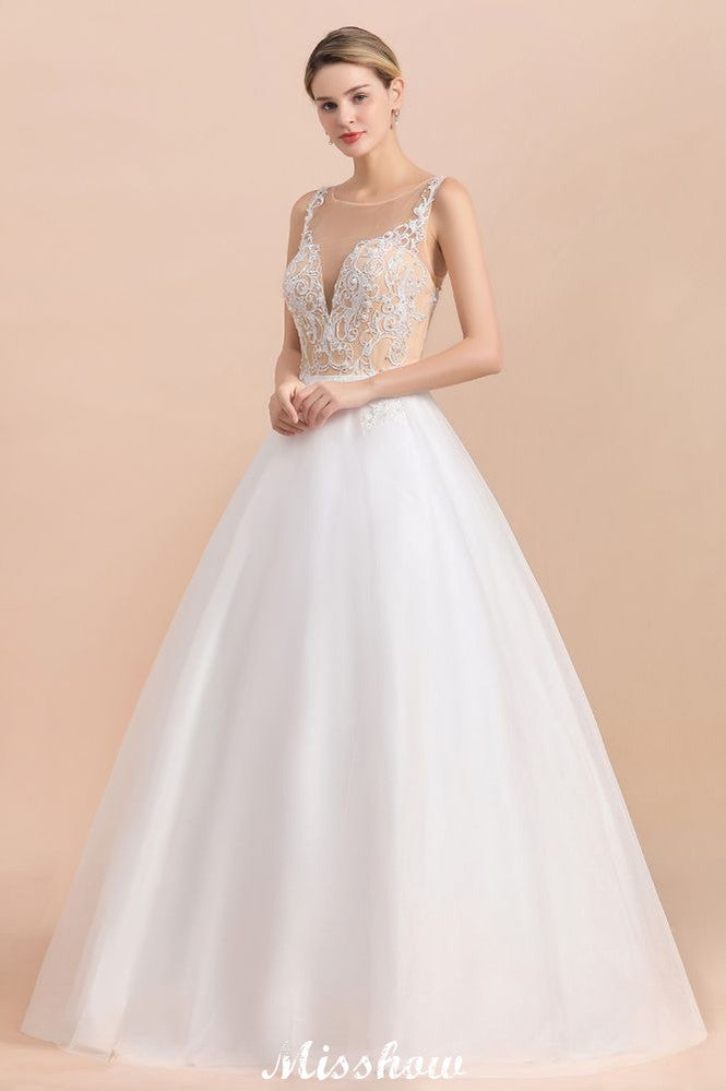 Vestido de Noiva Branco de Baile Sem Mangas com Botão no Pescoço e Ilusão Deslumbrante