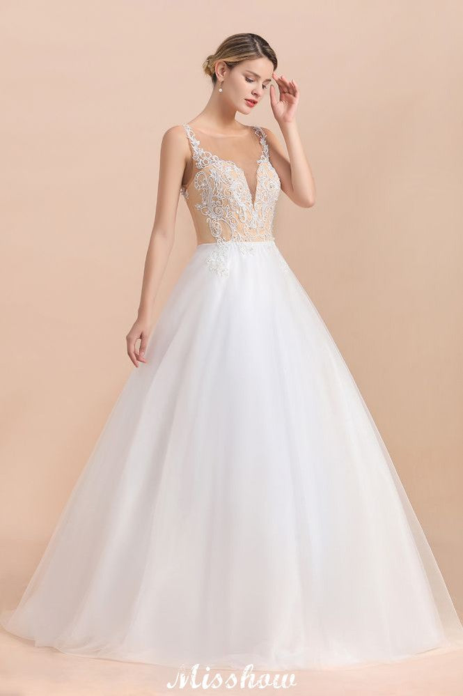Vestido de Noiva Branco de Baile Sem Mangas com Botão no Pescoço e Ilusão Deslumbrante