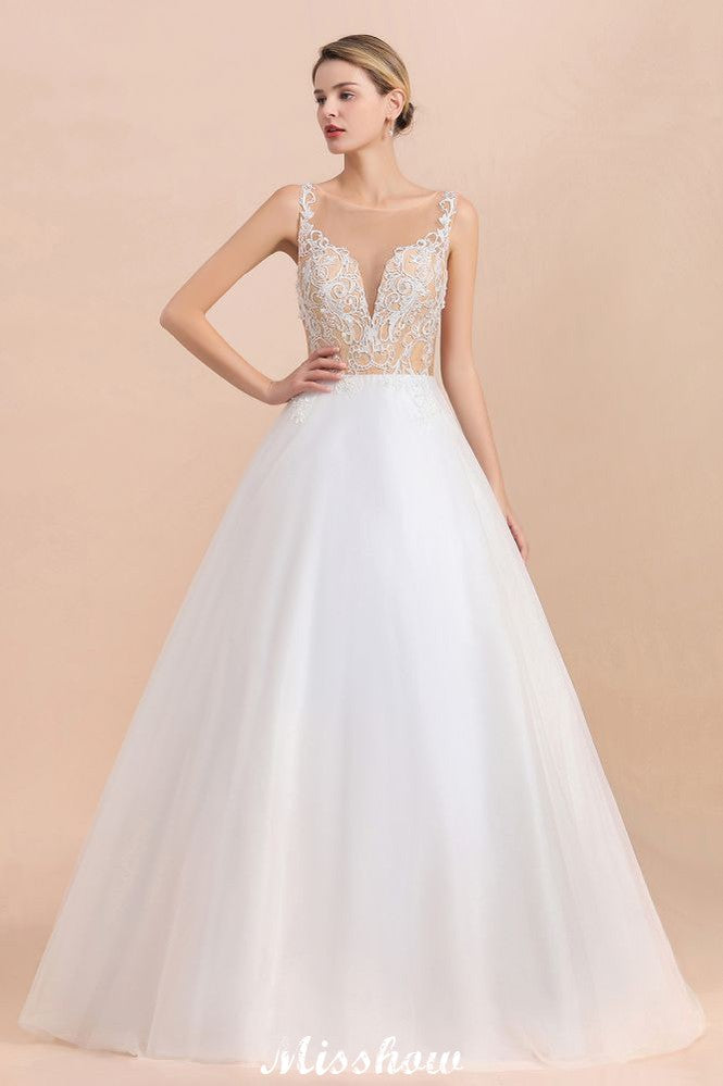 Vestido de Noiva Branco de Baile Sem Mangas com Botão no Pescoço e Ilusão Deslumbrante