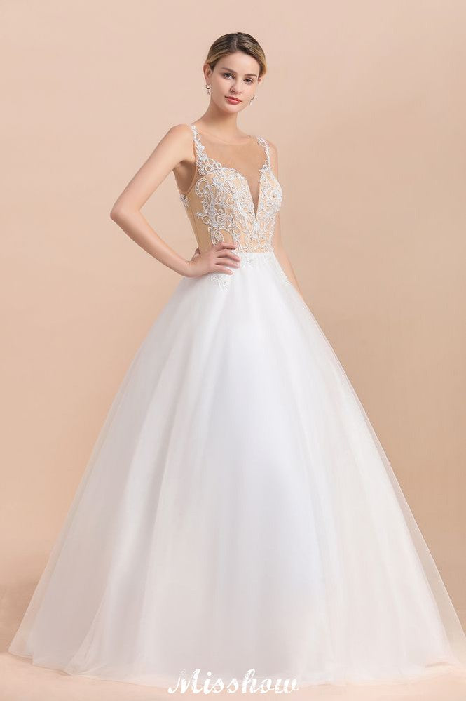 Vestido de Noiva Branco de Baile Sem Mangas com Botão no Pescoço e Ilusão Deslumbrante