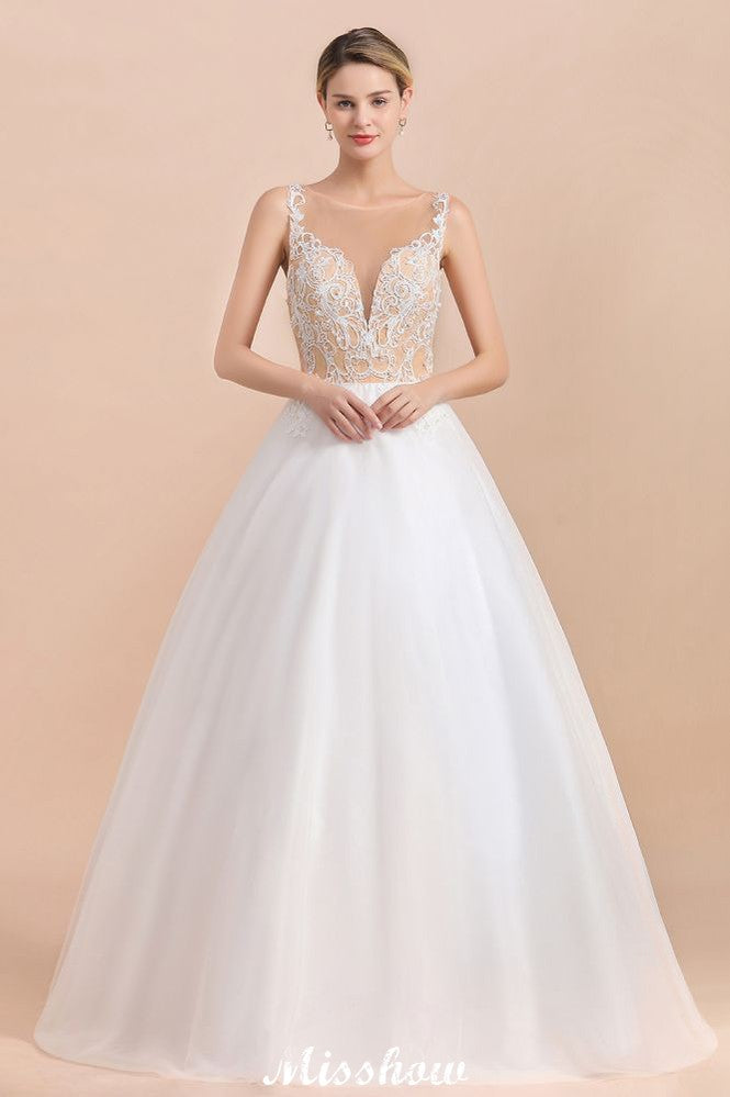 Vestido de Noiva Branco de Baile Sem Mangas com Botão no Pescoço e Ilusão Deslumbrante