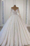 Vestido de Noiva Deslumbrante com Renda, Mangas Compridas e Contas, Estilo Bola