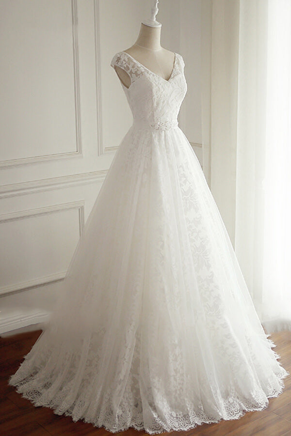 Vestido de noiva de renda com decote em V, apliques de linha, vestido de noiva de tule branco em promoção