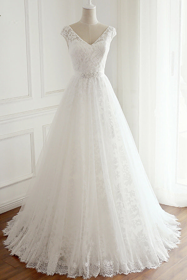 Vestido de noiva de renda com decote em V, apliques de linha, vestido de noiva de tule branco em promoção