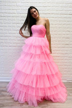 Gorgeous Long A-line Strapless Layered Tulle Prom Dress Pink Formal Evening Dresses
