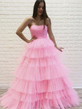 Gorgeous Long A-line Strapless Layered Tulle Prom Dress Pink Formal Evening Dresses