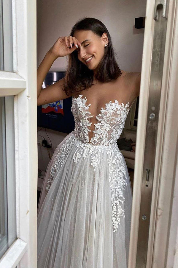Vestido de Noiva Deslumbrante Comprido em Tule com Aplicações de Renda em Corte A