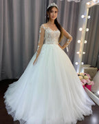 Vestido de Noiva Deslumbrante Comprido em Tule com Renda e Mangas em Corte em A