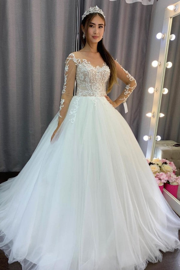 Vestido de Noiva Deslumbrante Comprido em Tule com Renda e Mangas em Corte em A