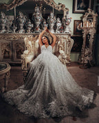 Vestido de Noiva Deslumbrante Comprido em Linha A com Decote em V e Renda Floral 3D