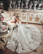Vestido de Noiva Deslumbrante Comprido em Linha A com Decote em V e Renda Floral 3D