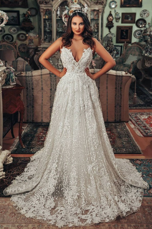 Vestido de Noiva Deslumbrante Comprido em Linha A com Decote em V e Renda Floral 3D