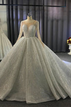 Splendido abito da sposa lungo a palloncino con scollo a barca e cristalli, con maniche
