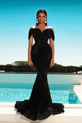 Deslumbrante Vestido de Baile Preto Longo de Sereia com Ombros Descobertos e Brilho