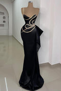 Magnifique robe de bal longue noire sirène à une épaule sans manches avec dentelle