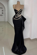 Magnifique robe de bal longue noire sirène à une épaule sans manches avec dentelle