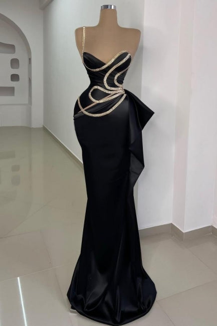 Magnifique robe de bal longue noire sirène à une épaule sans manches avec dentelle