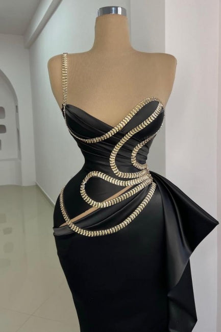 Magnifique robe de bal longue noire sirène à une épaule sans manches avec dentelle