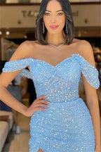 Gorgeous Long Blue Mermaid Off-the-shoulder Sequined Sleeveless Prom Dress With Slit