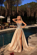 Superbe robe de bal longue champagne en satin avec dentelle, sans manches, coupe en A, fendue