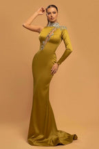 Vestidos de Noite Sereia Lindos de Manga Comprida com Brilho Dourado e Gola Alta