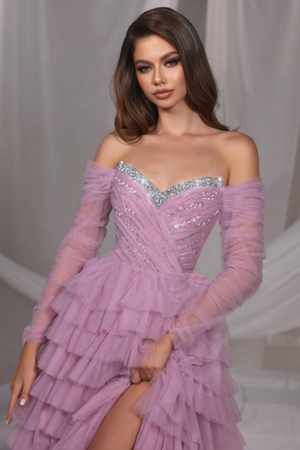 Splendido abito lungo lilla a linea ad A con spalle scoperte, tulle con paillettes e spacco per ballo di fine anno