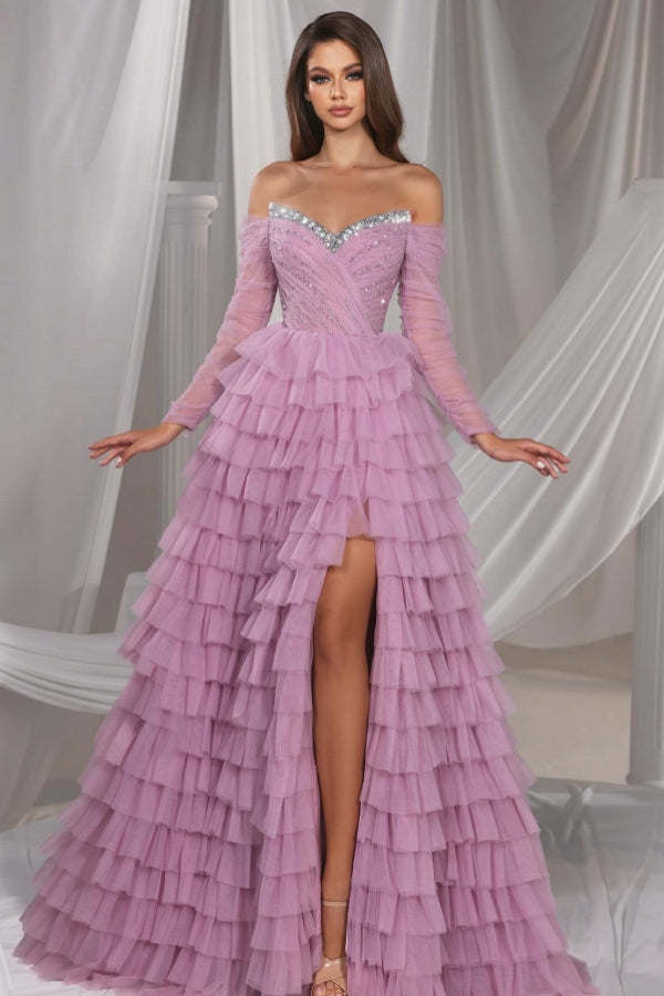 Splendido abito lungo lilla a linea ad A con spalle scoperte, tulle con paillettes e spacco per ballo di fine anno