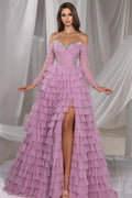 Splendido abito lungo lilla a linea ad A con spalle scoperte, tulle con paillettes e spacco per ballo di fine anno