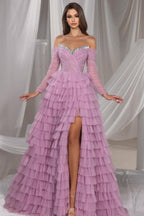 Splendido abito lungo lilla a linea ad A con spalle scoperte, tulle con paillettes e spacco per ballo di fine anno