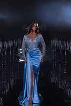 Magnifique robe de bal longue sirène bleue à col en V, ornée de perles et de paillettes, fendue, avec manches longues
