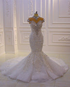 Splendido Abito da Sposa Lungo a Sirena con Collo Alto, Applicazioni in Pizzo, Cristalli e Tulle