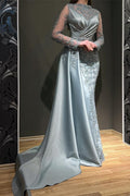 Vestido de Baile Longo Sereia Deslumbrante com Apliques de Renda em Cetim e Mangas