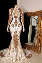 Superbe robe de bal longue sirène à col en trou de serrure ornée de paillettes avec manches