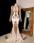 Superbe robe de bal longue sirène à col en trou de serrure ornée de paillettes avec manches