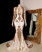 Superbe robe de bal longue sirène à col en trou de serrure ornée de paillettes avec manches