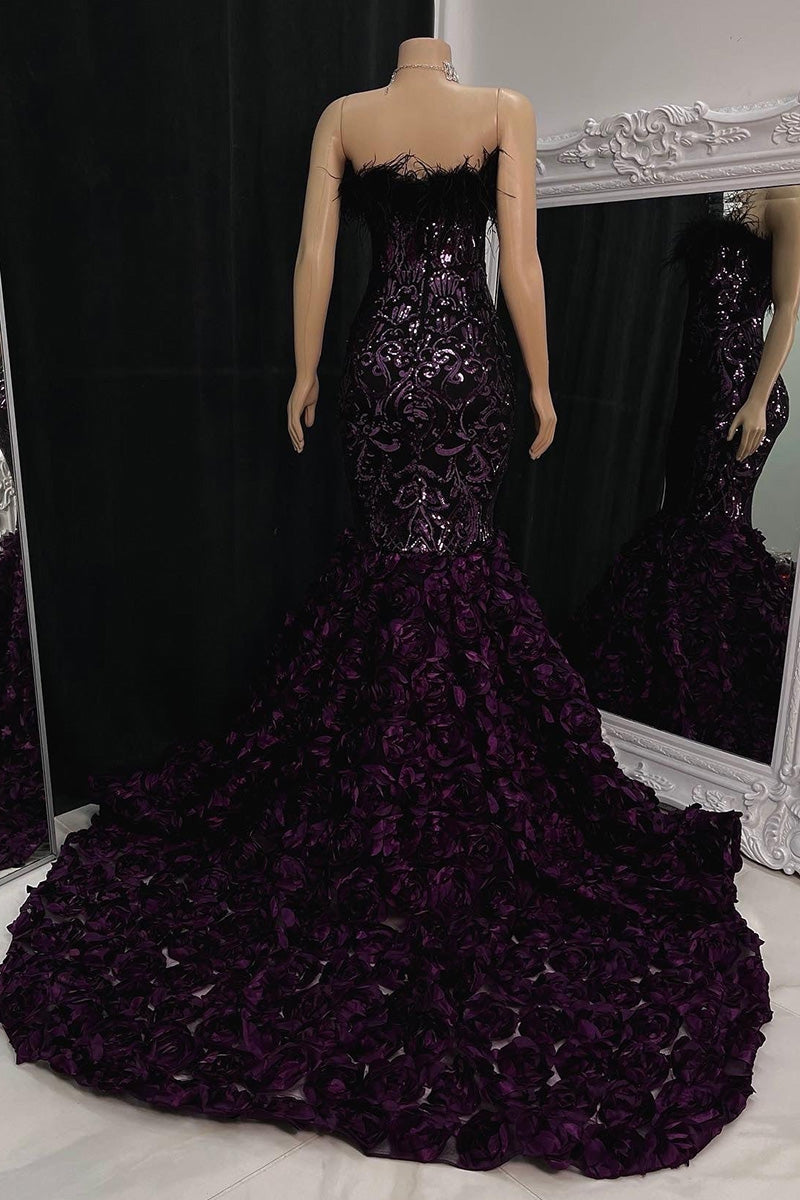 Magnifique robe de bal longue sirène sans manches en dentelle à fleurs