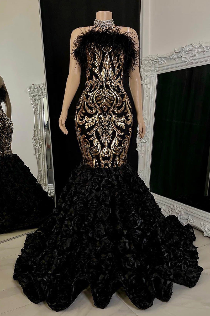 Magnifique robe de bal longue sirène sans manches en dentelle à fleurs