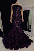 Magnifique robe de bal longue sirène sans manches en dentelle à fleurs