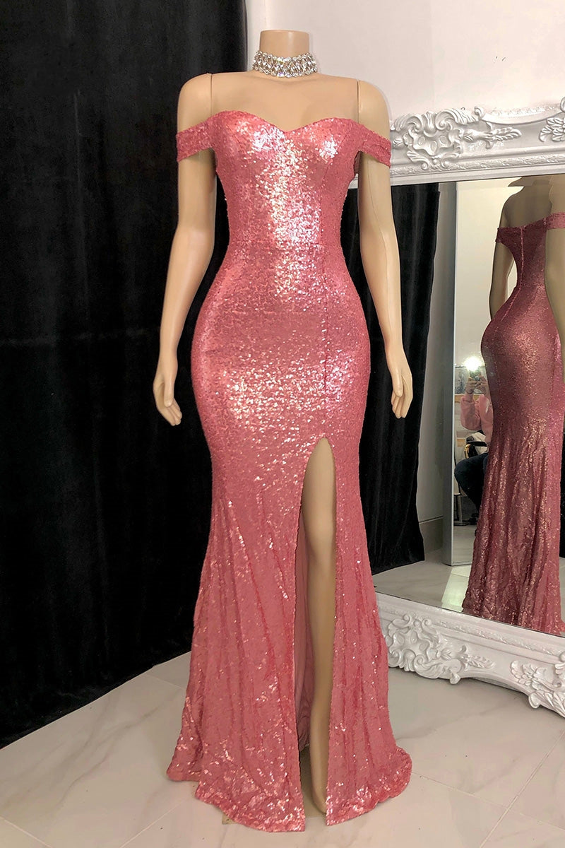 Gorgeous Long Mermaid Off-the-shoulder Sequined Split Prom Dress
