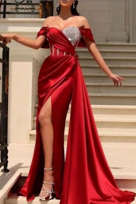 Gorgeous Long Mermaid Off-the-shoulder Sleeveless Split Evening Dresses With Glitter