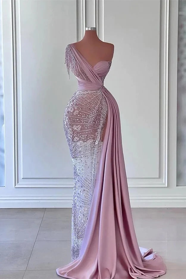 Splendido Abito Lungo da Cerimonia a Sirena con Spalla Unica in Raso e Perline