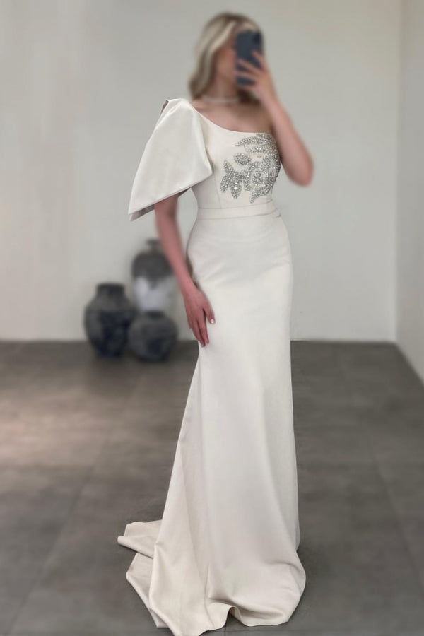 Magnifique robe de bal longue sirène en satin à une épaule, sans manches, ornée de strass