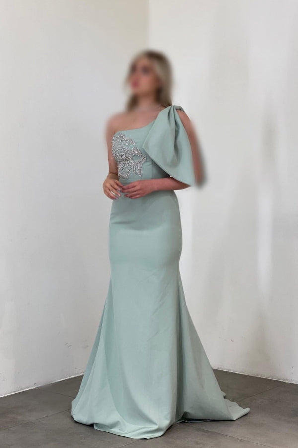 Magnifique robe de bal longue sirène en satin à une épaule, sans manches, ornée de strass