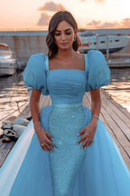 Magnifique robe de bal longue sirène à manches bouffantes avec sequins et traîne en tulle amovible